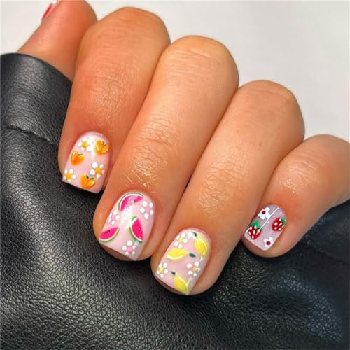 Square Short Press on Fake Nails Cute Fruits Nail Art Decoration Cute Colorful Manicure for Women and Girls 24pcs