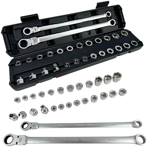 TR TOOLROCK 27PCS Extra Long Flex Head Ratcheting Wrench Set, Metric Double Box End Ratchet Wrench Set with Replacement Heads, 72-Tooth, E-type 8-22mm, 1/4, 3/8, 1/2 Socket Adapters