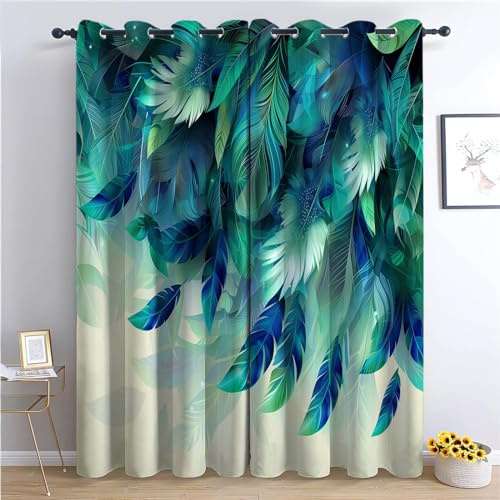 CozyRest Eyelet Blackout Curtain 92 W x 90 L Blue Green Feathers And Leaves Thermal Insulated Ring Top Curtains for Living Room Gaming Room Noise Reduction Privacy Protection Curtain