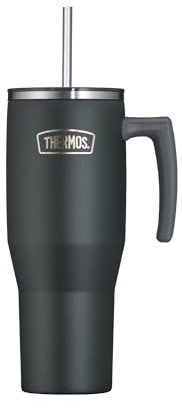 Thermos Tumbler mit Strohhalm und Henkel, Trinkbecher 1,10 l, black mat | 6 h kalt, Isolier-Trinkbecher doppelwandiger Edelstahl, für unterwegs & zuhause, schwarz, REFRESHING SERIES