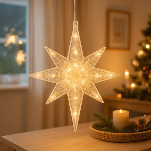 Ideen mit Herz LED-Sterne Octa | indoor | 21,3 cm x 16,4 cm | 20 LED-Lämpchen | warmweiß | transparent | klar | 2 Stück | mit Timer-Funktion | Fenster-Deko zu Weihnachten
