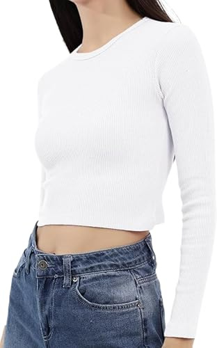 Re Tech UK - Womens Cotton Ribbed Long Sleeve Crop Top - Crop Tops for Women - Everyday Casual Wear or Gym - Dress it Under for The Winter and Over in The Summer, Y2K, (Wht M)