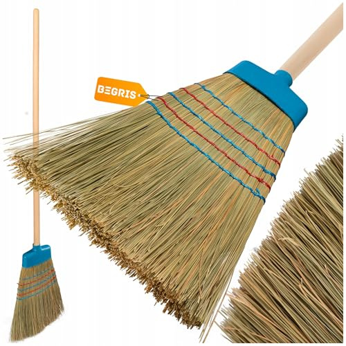 BEGRIS® Reisstrohbesen mit stiel Naturbelassener Strohbesen Bio-Besen für Haus und Garten 127 cm Langer Holzstiel Strohbesen mit stiel draußen SORGHO Verstärkte Konstruktion
