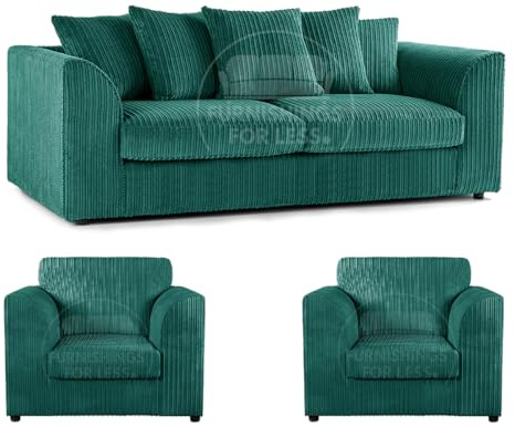 Furnishings For Less UK New Luxor Teal Soft Jumbo Cord Sofa 3 Piece Sofa Suite 3 Seater and 2 Armchairs (3 Piece Sofa Suite 3 1 1)
