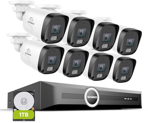 SANNCE Kit de cámaras de vigilancia PoE 5MP 8CH NVR + 4 * cámaras Resistentes al Agua 3MP con Disco Duro de 1TB, Leds IR Inteligentes, detección de Movimiento, visión Nocturna de hasta 30 Metros