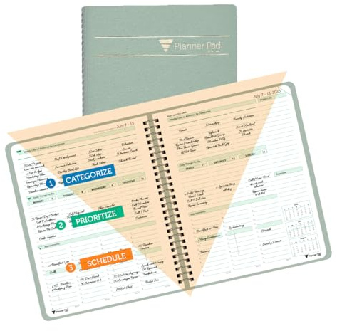 Planner Pad Organizador de 12 meses con embudo de 3 niveles encuadernado en espiral, julio de 2025 a junio de 2026/año académico, cubierta gris verdoso/tinta verde suave, 6 3/4 pulgadas x 8 1/2