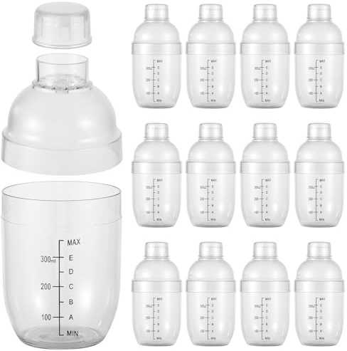 12 cocteleras transparentes de 350 ml, botella mezcladora de plástico con colador, herramienta de camarero, mezclador de bebidas a escala para bar fiesta