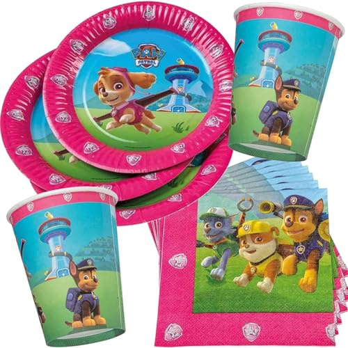 TIB Heyne Kit de fête 33 pièces - Motif Skye - Pat' Patrouille - Pour anniversaire d'enfant - Avec assiettes, gobelets, serviettes et décoration - Kit d'anniversaire d'enfant - Fête à thème pour fille