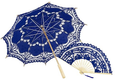 TOPTIE Sombrilla de encaje hecha a mano con elegante abanico de encaje para bodas, exposiciones de arte, Azul Real, Taille unique
