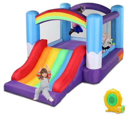 LALAHO Hüpfburg Kinder mit Gebläse, Aufblasbarer Wasserpark mit Regenbogen Thema, mit Trampolin, Rutsche, Drinnen oder Draußen, Geeignet für 3 Kinder im Alter von 3 bis 10 Jahren, 360x240x210cm