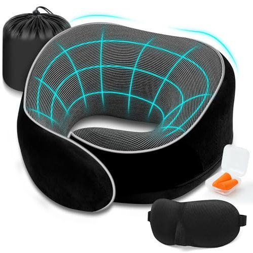 Nackenkissen Flugzeug, Reisekissen Memory Foam, Nackenhörnchen Erwachsene, Ergonomische Nackenstütze mit 3D-Schlafmaske, Ohrstöpsel, Tasche - Ideal für Flugzeugstuhl, Auto, Zuhause, Büro, Schlafkissen