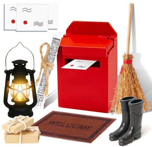 Miniatur Wichtel Zubehör, 7 Stück Rot Mini Puppenhaus Wichtel Miniatur Zubehör Mit Licht, Wichtel Briefkasten Postkasten Paketumschlag Set Spielhaus Briefkasten Kinder Mini Briefkasten