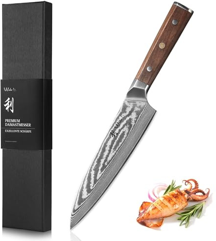 Wakoli Hickory Chefmesser mit 20 cm Klinge, 67 Lagen Damaststahl, VG10-Kern | Full Tang, Walnussholzgriff, Geschenkbox, 60 ± 2 HRC und V-Schliff 15° je Seite; für Fleisch, Fisch, Gemüse und Grillgut