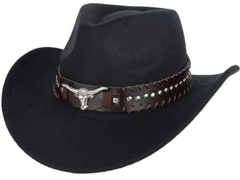 Western Cowboy Hat with Unique Bull Head Accessories Distressed Edged Outdoor Sun Protection Hat Wool Felt Multi Functional Unisex Cowboy Hat with Leather Strap (Black