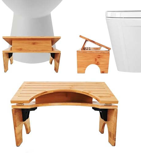 JATCWBO Toilettenhocker Klappbar Aus Bambus – Ergonomischer Klohocker FÜRs Badezimmer Mit 4 Gänge Neigungsverstellung (18–27 cm),rutschfest,Faltbarer Hocker Toilette FÜR Erwachsene & Kinder