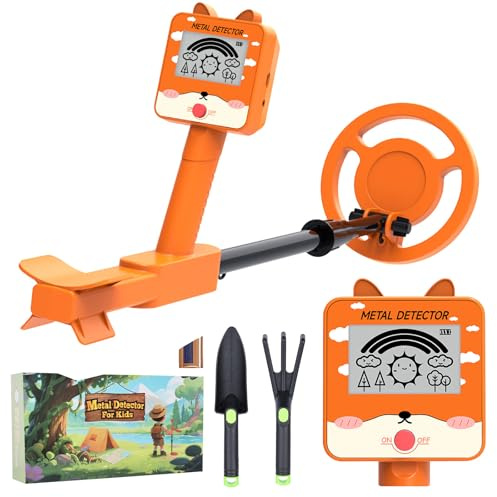 Metalldetektor für Kinder, hohe Empfindlichkeit, LCD-Display, wasserdichte Spule, 16 cm, Länge verstellbar 75–98 cm, 9 V, sicheres Erkundungsgeschenk für Kinder oder Anfänger, Orange