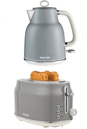 Salter Retro Grey Kettle & Toaster Set – 1.7L 3KW Rapid Boil Cordless Kettle with Boil Dry Protection & Auto Shut-Off, 815W 2-Slice Wide Slot Toaster with 6 Browning Levels & Defrost/Reheat/Cancel