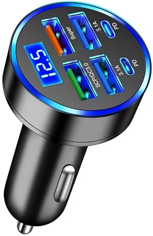 Zigarettenanzünder USB C 66W 6 Port QC3.0 Ladegerät Auto 2 PD 4 USB-A 12V KFZ Schnellladegerät mit LED Adapters Autoladegerät für iPhone 16 15 iPad Samsung Galaxy S24 S23 S21 Huawei