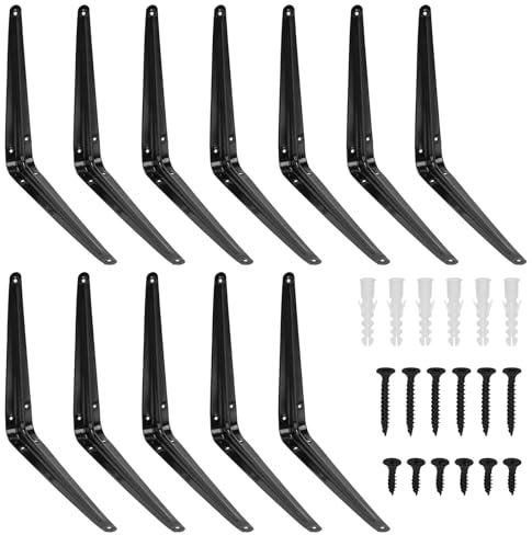 Swpeet 12 Pack 10 x 12 pouces noir support d'étagère lourd, support d'étagère flottant, support d'angle de support L, support d'angle de joint métallique avec vis et ancres Kit pour étagères