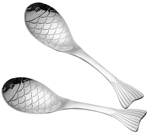 RUNROTOO 2 Stück Edelstahl Servierlöffel Fischform Große Suppenlöffel Küchenlöffel Metall Vielseitig für Brei Desserts Getreide
