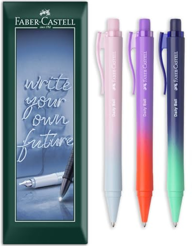 Faber-Castell Daily Ball Flow XB Kugelschreiber, extra breite Feder, mehrfarbiger Schaft, blaue Tinte, Umschlag-Geschenkpackung mit 3 Stiften
