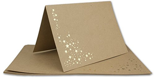 50x Faltkarten DIN A6 - Sandbraun-Kraftpapier mit goldenen Metallic Sternen - 10,5 x 14,8 cm - Einladungskarten zu Weihnachten - Marke: FarbenFroh by GUSTAV NEUSER