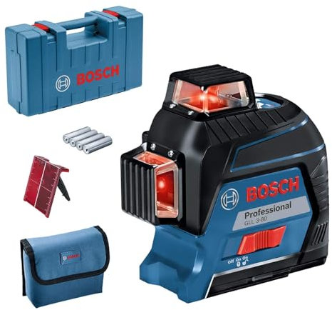 Bosch Professional Niveau Laser Lignes GLL 3-80 (laser rougeProfessional, pour l'intérieur, portée : jusqu’à 30 m, 4 piles AA, dans coffret de transport)