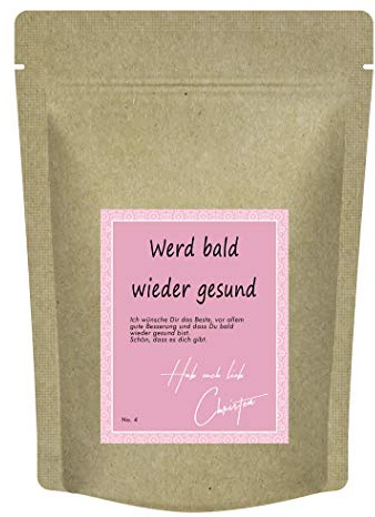 Werd bald wieder gesund Tee - Teegeschenk für gute Besserung oder als Gesundheit Tee Geschenk für den besonderen Menschen, dem Du Gutes wünscht - von Christea - 70 g Kräutertee im Zip-Beutel