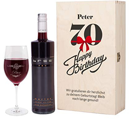 Herz & Heim® Bree Wein Geschenkkiste zum 70. Geburtstag mit graviertem Weinglas und Bree Wein zur Auswahl in Rot