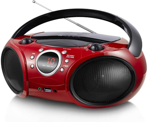 Singingwood Portable CD Player Boombox AM FM Radio, Bluetooth, USB Port CD-R/RW, MP3 CDs, 3.5mm Aux Input and Headphone Jack-Dual Power AC/Battery Stereo Sound System for Home & Outdoor(Firmist Red)