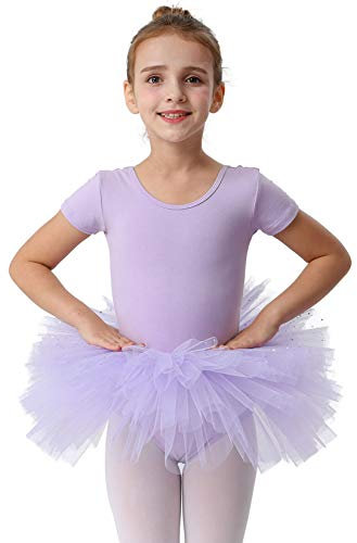 MdnMd Flickor småbarn kortärmad glitter dans balett tutu ballerina klänning outfit trikåer (lila, ålder 4–6/4t, 5t), N4-lila, 4-6 Years