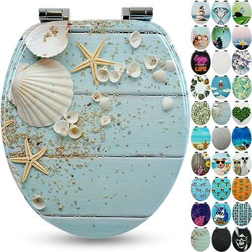SANFINO® Premium Toilet Seat with Soft Close - Wooden Toilet Lid, lots of colourful and decorative designs, high seating comfort, easy to install including instructions - Caribbean Blue