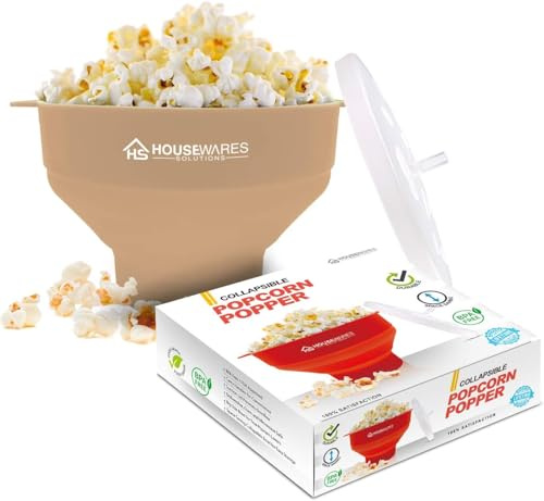 Cuenco plegable de silicona para palomitas de maíz de aire caliente de microondas con tapa y asas (Tan)