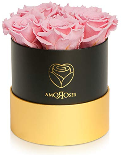 Amoroses Petite - Geschenkbox 5 ewige stabilisierte Rosen - Eleganter Strauß echter Blumen | Muttertag (Petite Schwarze Schachtel mit Rosa Rosen)