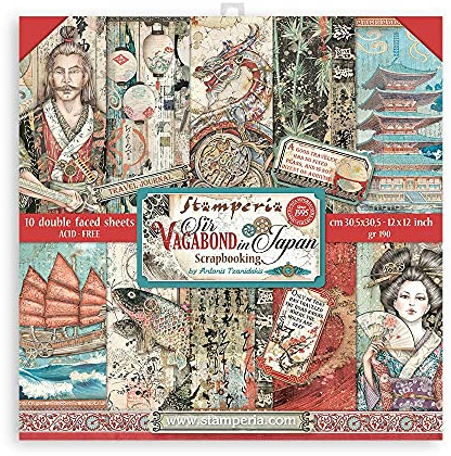 Stamperia Scrapbooking Pad 10 Sheets CM 30.5x30.5 (12 X12) - Sir Vagabond in Japan, Red, Teal, Brown
