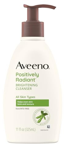 Aveeno Positively Radiant Brightening Facial Cleanser with Moisture Rich Soy Extract, Helps Even Skin Tone & Texture While Gently Lifting Away Dirt, Oil & Makeup, Sulfate-Free, 11 fl. oz