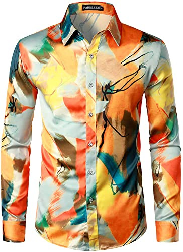 PARKLEES Chemises pour homme Hipster en soie imprimée, coupe ajustée, manches longues, boutonnées en satin, S