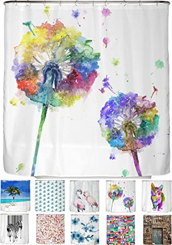 arteneur Anti-Schimmel Duschvorhang 200x200 cm Bunte Pusteblume | Textil recycelt, OEKO-TEX 100, 40°C Maschinenwäsche, blickdicht, wasserdicht, beschwerter Saum, mit 12 recycelten Ringen