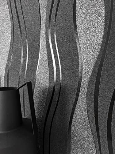 NEWROOM carta da parati Neri Strisce Tessuto non Tessuto - Moderno Antracite Grigio Linea Onde Ottica 3D
