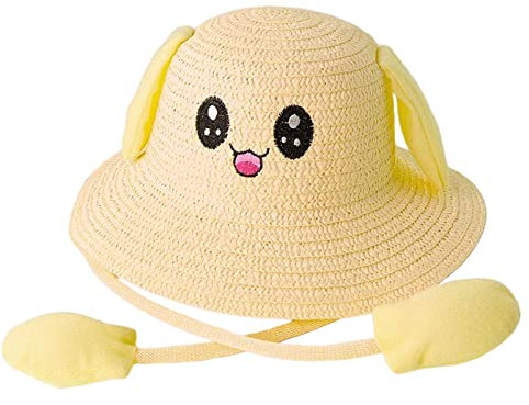 Oshhni Strohhut Damen mit Ohren, Niedliche Strandhut Damen Sommer, Sonnenhut mit Beweglich Ohren, Sommerhut UV Schutz, Fischerhut Atmungsaktive mit Hasenohren Tragbar für Strand Outdoor, GELB