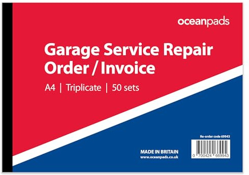 Garage Service Repair Order Invoice Book – A4 210 x 297mm, 3-Part NCR Triplicate, 50 Sets for Garages, Workshops & Mechanics – Ocean Pads (69943)
