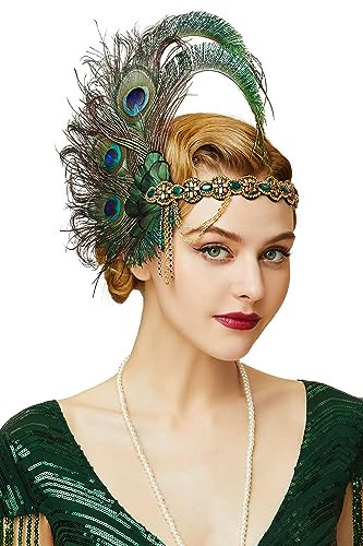 BABEYOND Damen 1920er Feder Stirnband 20er Jahre Stil Flapper Charleston Haarband Great Gatsby Damen Fasching Kostüm Accessoires Dunkelgrün