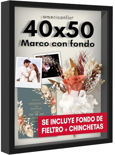 Americanflat Cornice 3D Profonda con Vetro Trasparente da 40x50 cm Nera - Cornice Profonda per Oggetti con Retro in Lino - Cornice Contenitore in Legno Composito da Parete e da Tavolo