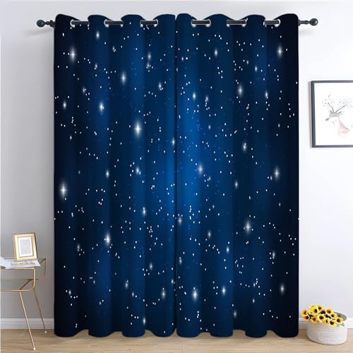 Srigzcaly Sterne Am Sternenhimmel Der Blauen Galaxie Thermovorhang Blau, 2er Set Blickdichte Gardinen H245 x B140 cm, Ösenschal Verdunkelungsvorhang für Büro Wohnzimmer Schlafzimmer Kinderzimmer