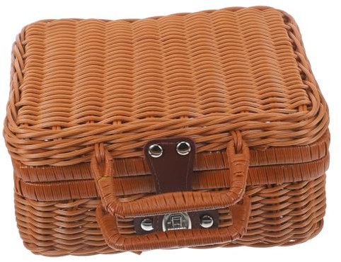 Gogogmee Caja De Almacenamiento Retro De Ratan Imitado Tapa y Forro Interior Organizador De Picnic Multifuncional De Decorativa y Práctica para Bodas y Fotografía