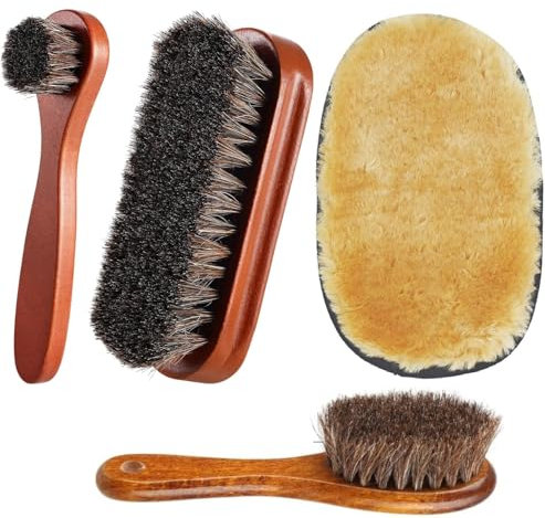 YUET Shoe Brush Set - Horsehair Brush for Shoe Shine Polish Buff - 3 Pcs Shoe Polish Dauber Applicator Brushes + 1 Pc Shoes Polish Cloth Glove (4 Pcs)