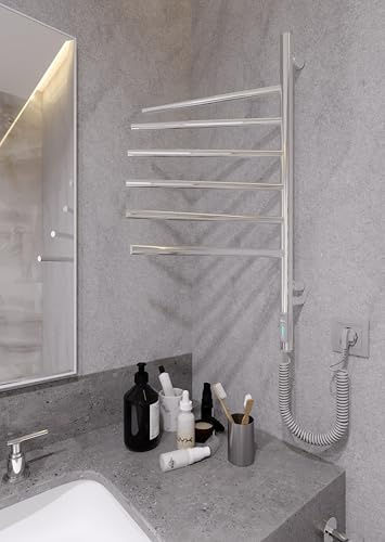 Elna® Scaldasalviette Elettrico Сromo 76x40 cm, 65W – Scaldasalviette in Acciaio Inox 304 con Timer e Termostato, IP44 – 6 Bracci Orientabili 180°, Montaggio a Parete