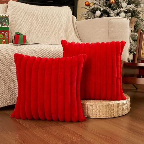 ORANIFUL Rot 40x40 Fell Kissenbezüge Weihnachten Set 2-teilig Kuschelkissen Flauschig Kissenhülle Streifen Design Kissen Hülle für Sofa Couch Bett Weicher Fake Fur Bezug Moderne Dekokissen