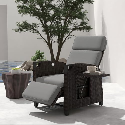 UDPATIO Liegesessel mit Sitzkissen Gartensessel Wetterfest 150° Verstellbare, Rückenlehne Rattan Sonnenliege mit Beistelltisch für Innen, Außeneinsatz- Grau Sitzkissen & Dunkelbraun Rattan