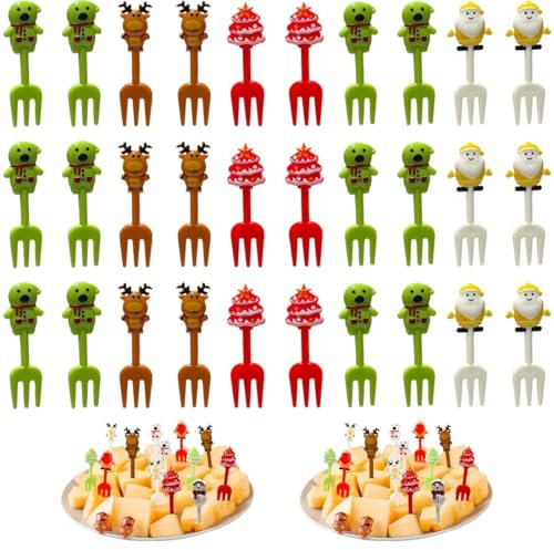 SIVZUMO 30 Pcs Navidad Tenedor de Frutas Niños Comida Pastel Selecciones Reutilizable Palillo de Navidad Dientes Decoración Tenedor Decoración Comida Selecciones para Postre Fruta